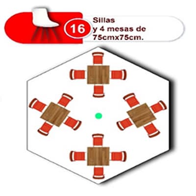  carpas para 16 sillas y 4 mesas de 75x75cm