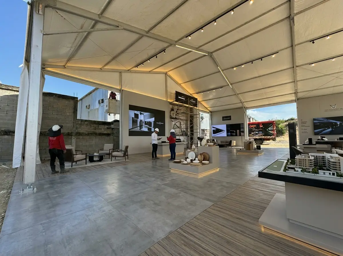 showroom profesional de exhibición tipo hangar
